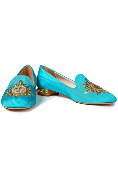Shop Aquazzura Indian Sun Embellished Moire Loafers In Turquoise