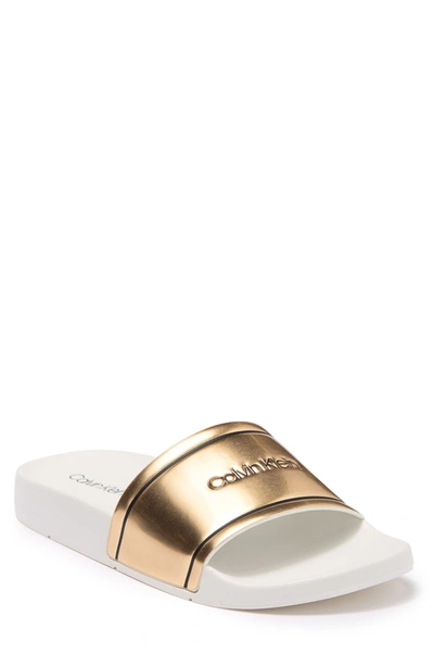 Calvin Klein Women's Allen Metallic Pool Slides Women's Shoes In Gold/white  | ModeSens