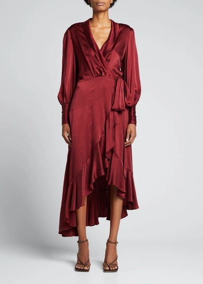 Shop Zimmermann Silk Midi Wrap Dress In Berry