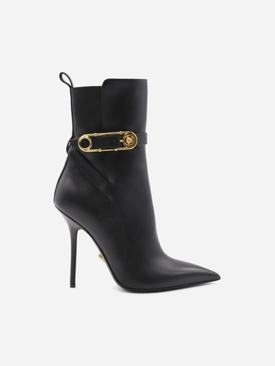Shop Versace Safety Pin Leather Boots In Black