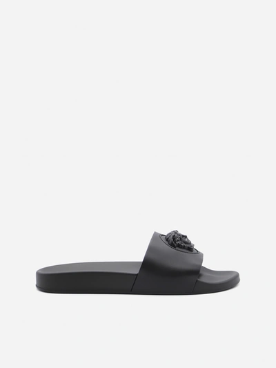 Shop Versace La Medusa Leather Slippers In Black