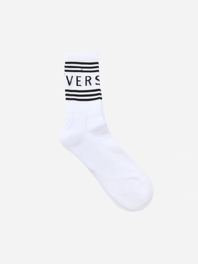 Shop Versace Cotton Blend Socks With 90s Vintage Logo In White