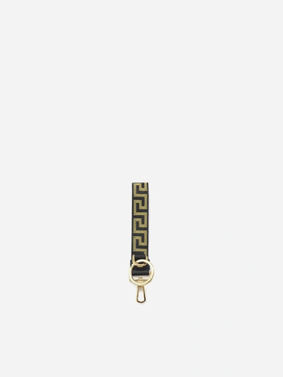 Shop Versace Greca Keyring With All-over Contrasting Pattern In Black, Gold