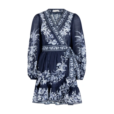 Shop Zimmermann Aliane Floral-print Cotton Wrap Dress In Navy