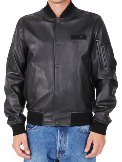 Shop Dior Homme Logo Patched Leather Bomber Jacket In Black