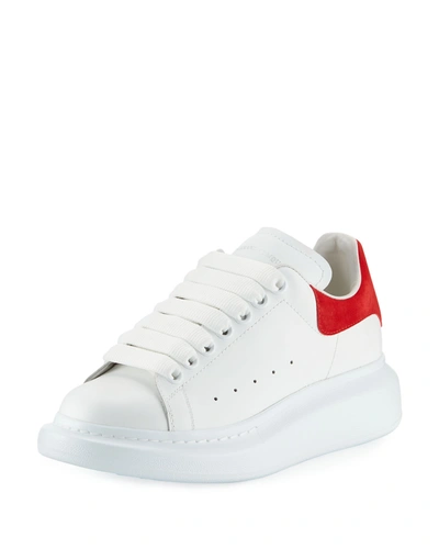 Shop Alexander Mcqueen Leather Lace-up Platform Sneakers In White/lust Red