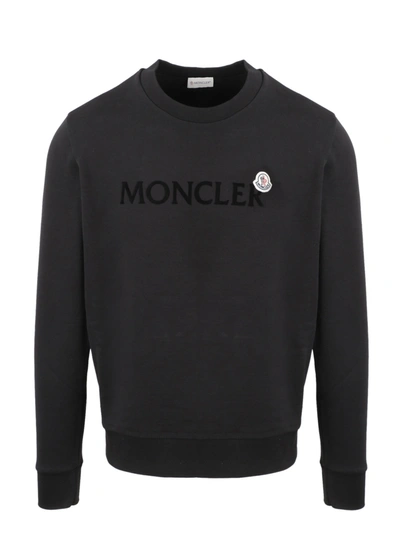 Shop Moncler Logo Flocked Crewneck Sweatshirt In Black