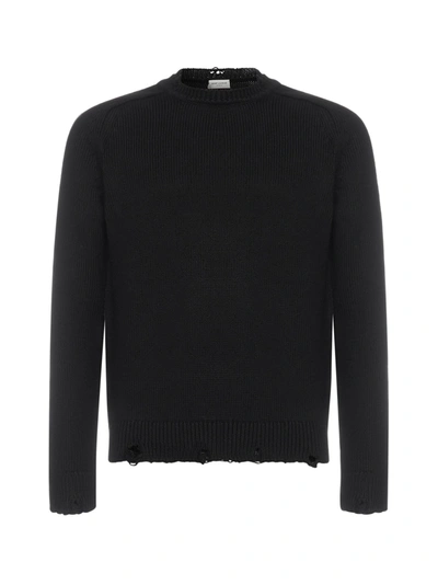 Shop Saint Laurent Destroyed Knit Sweater In Black