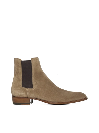 Shop Saint Laurent Wyatt Ankle Boots In Beige