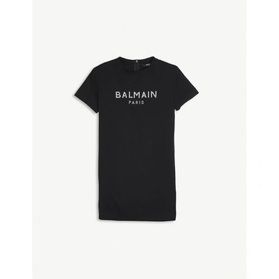 Shop Balmain Gem-embellished Logo Cotton-jersey T-shirt Dress 6-16 Years In Black