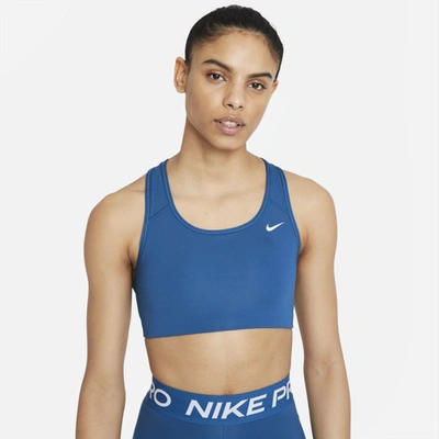 Shop Nike Dri-fit Swoosh Women's Medium-support Non-padded Sports Bra In Court Blue,white