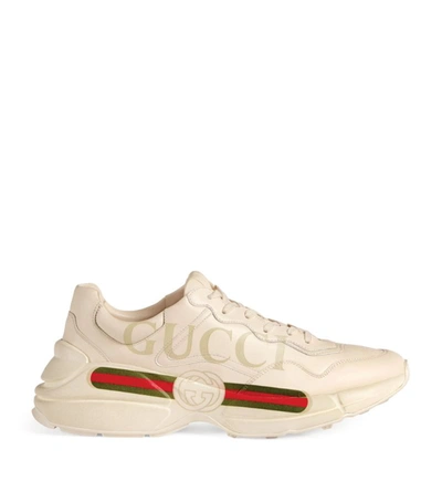 Shop Gucci Leather Rhyton Logo Sneakers In White