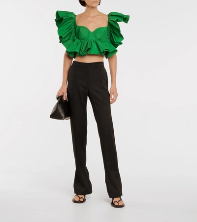 Alexander Mcqueen Faille Corset Ruffled Bra Top In Chrome Green | ModeSens