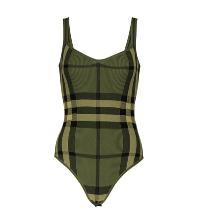Shop Burberry Checked Cotton-blend Bodysuit In Green