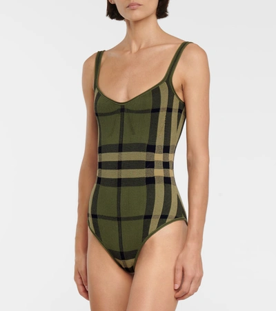 Shop Burberry Checked Cotton-blend Bodysuit In Green