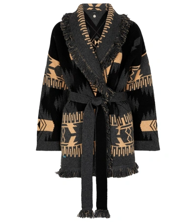 Shop Alanui Icon Cashmere-blend Jacquard Wrap Cardigan In Black