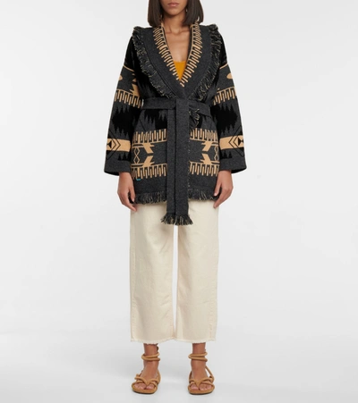 Shop Alanui Icon Cashmere-blend Jacquard Wrap Cardigan In Black