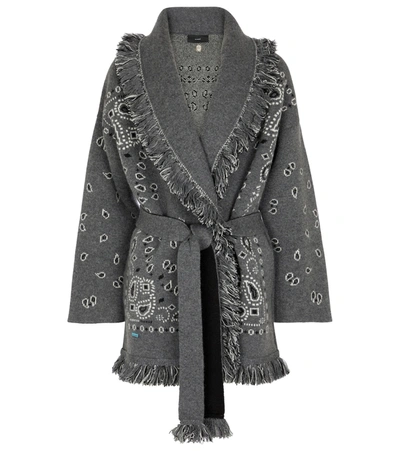 Shop Alanui Bandana Cashmere-blend Jacquard Wrap Cardigan In Grey