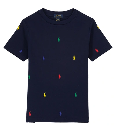 Shop Polo Ralph Lauren Embroidered Cotton T-shirt In 蓝色