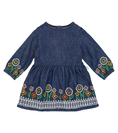 Shop Stella Mccartney Embroidered Cotton Denim Dress In 蓝色