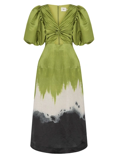 Shop Aje Ombre Silk & Linen Midi Dress In Ombre Ink