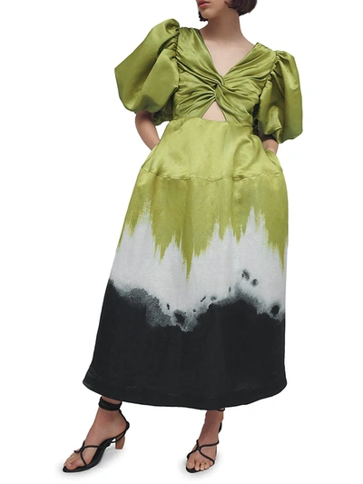 Shop Aje Ombre Silk & Linen Midi Dress In Ombre Ink