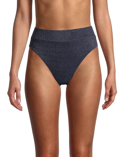 Shop Suboo Amber Shimmering High-waisted Bikini Bottom In Navy Metallic