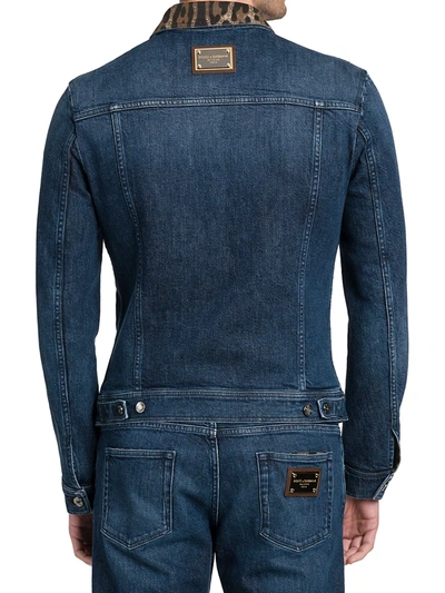 Shop Dolce & Gabbana Men's Leopard Collar Denim Jacket In Blue