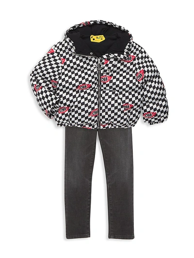Shop Off-white Little Kid's & Kid's Chessboard Leave-pattern Puffer Jacket In Black White