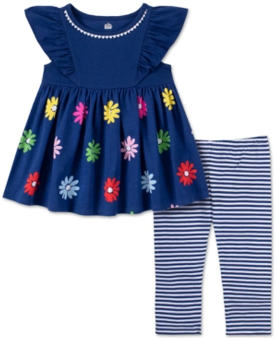 Shop Kids Headquarters Baby Girls 2-pc. Floral Babydoll Top & Striped Capri Leggings Set In Blue