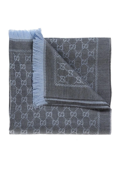 Shop Gucci Wool Gg Jacquard Scarf In Blue,grey