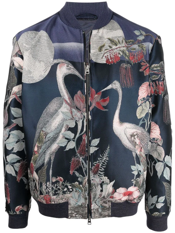 Etro Jacquard Technical Fabric Bomber Jacket With Herons In Blau 