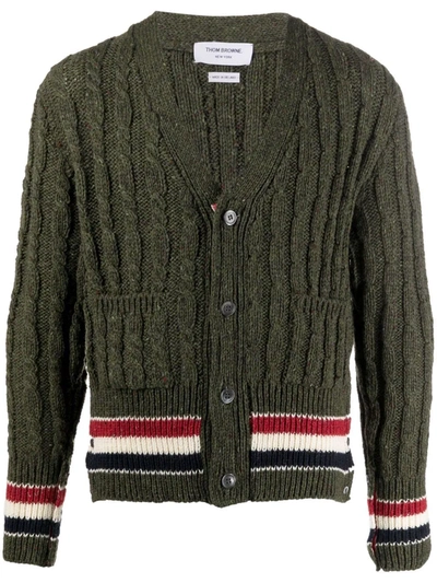 Shop Thom Browne Cable-knit Tri-stripe Cardigan In Grün