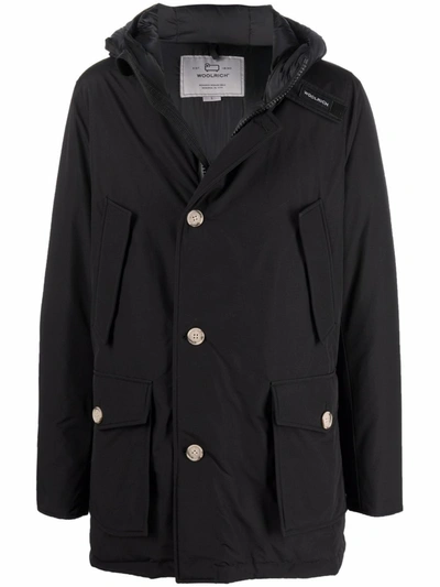 Shop Woolrich Button-up Padded Hooded Coat In Schwarz