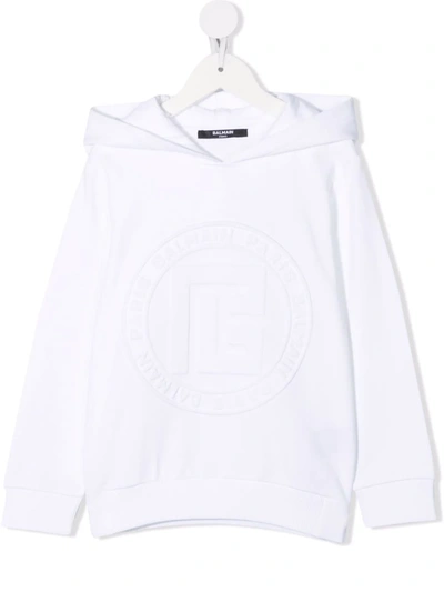 Shop Balmain Debossed-logo Cotton Hoodie In 白色