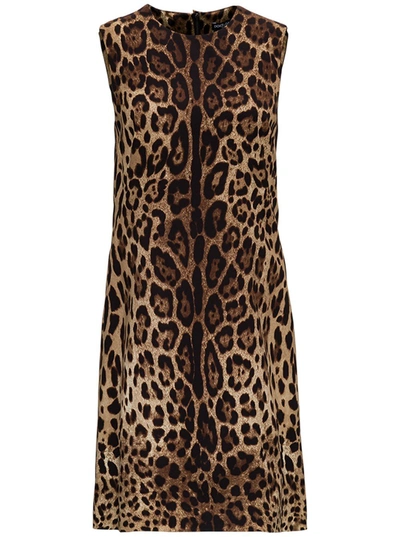Shop Dolce & Gabbana Animalier Silk Dress In Brown