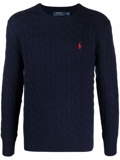 Shop Polo Ralph Lauren Logo-embroidered Cable-knit Jumper In Blau