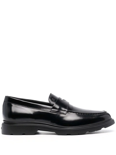 Shop Hogan Almond-toe Leather Loafers In Black