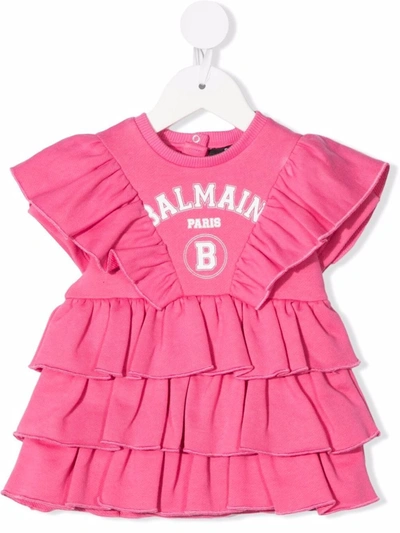 Shop Balmain Logo-print Ruffled Dress In Pink