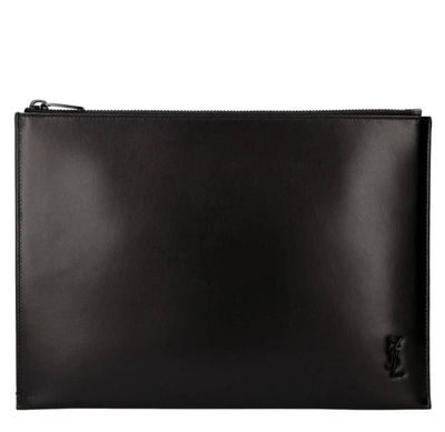 Shop Saint Laurent Black Matte Leather Tiny Monogram Zip Tablet Holder