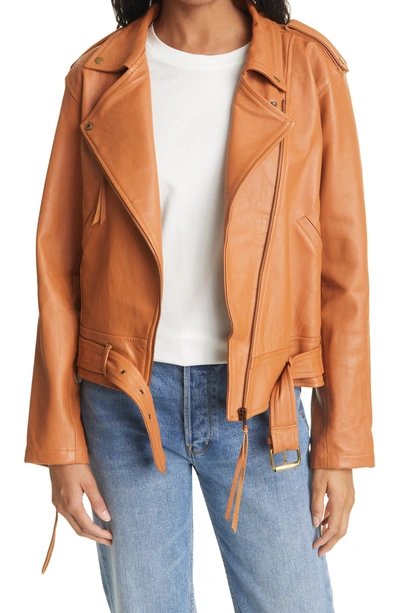 Shop Nicole Miller Leather Moto Jacket In Brown