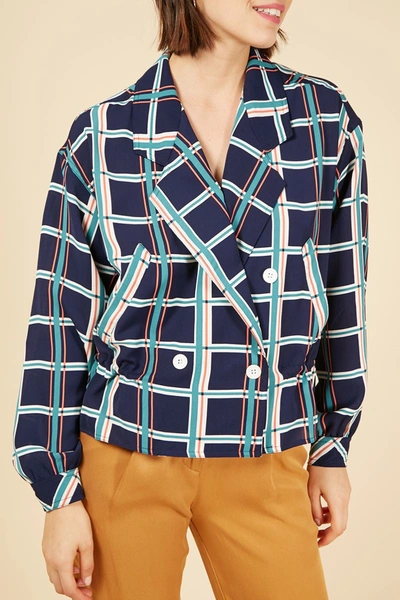 Shop Frnch Windowpane Print Double Breasted Jacket In Green