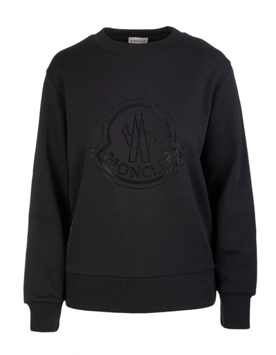 Shop Moncler Woman Black Sweatshirt With Maxi Logo In Strass