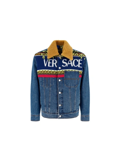 Shop Versace Denim Jacket In Blu Medio+multicolor