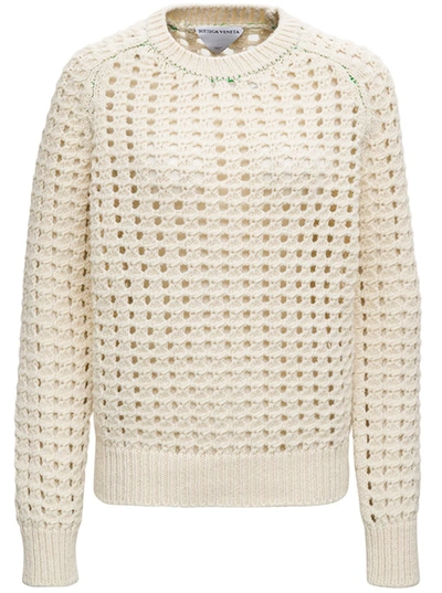 Shop Bottega Veneta Open Mesh Sweater In Ivory Colored Wool In White