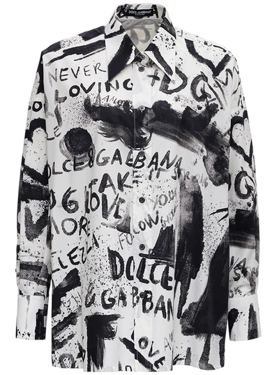 Shop Dolce & Gabbana Graffiti Cotton Poplin Shirt In White