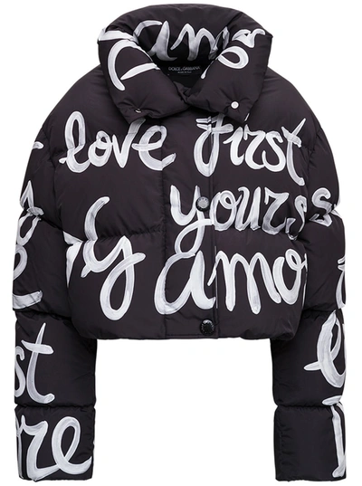 Shop Dolce & Gabbana Short Nylon Down Jacket With Dg Love Yourself Print In Black