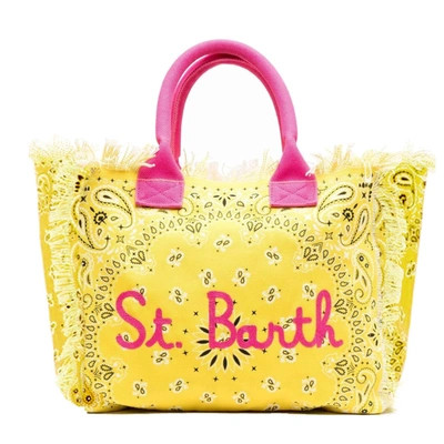 Shop Mc2 Saint Barth Yellow Bandana Fabric Canvas Bag With Embroidery