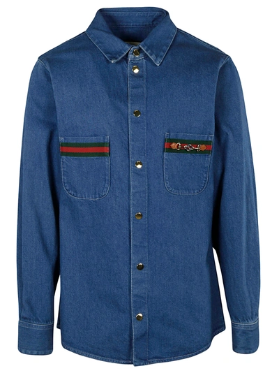 Shop Gucci Signature Web Stripe Detail Denim Shirt In Blu