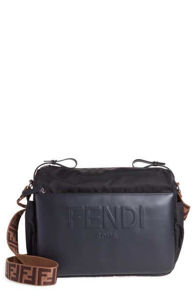 Shop Fendi Logo Leather & Nylon Diaper Bag In Black/ Brown